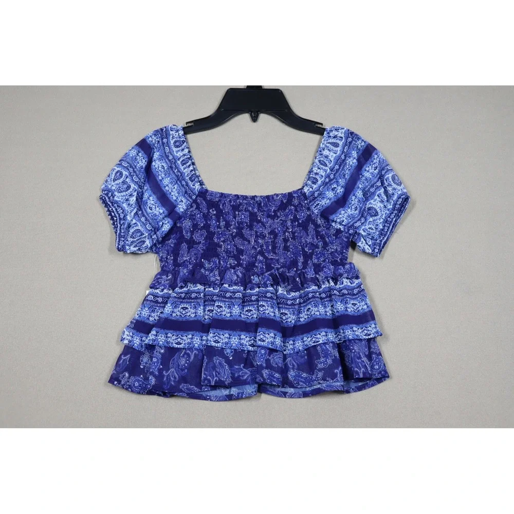 Aqua Girls' Little Girls Smocked Puff Sleeve Top‎ - Blue Paisley - Size M (9-10)